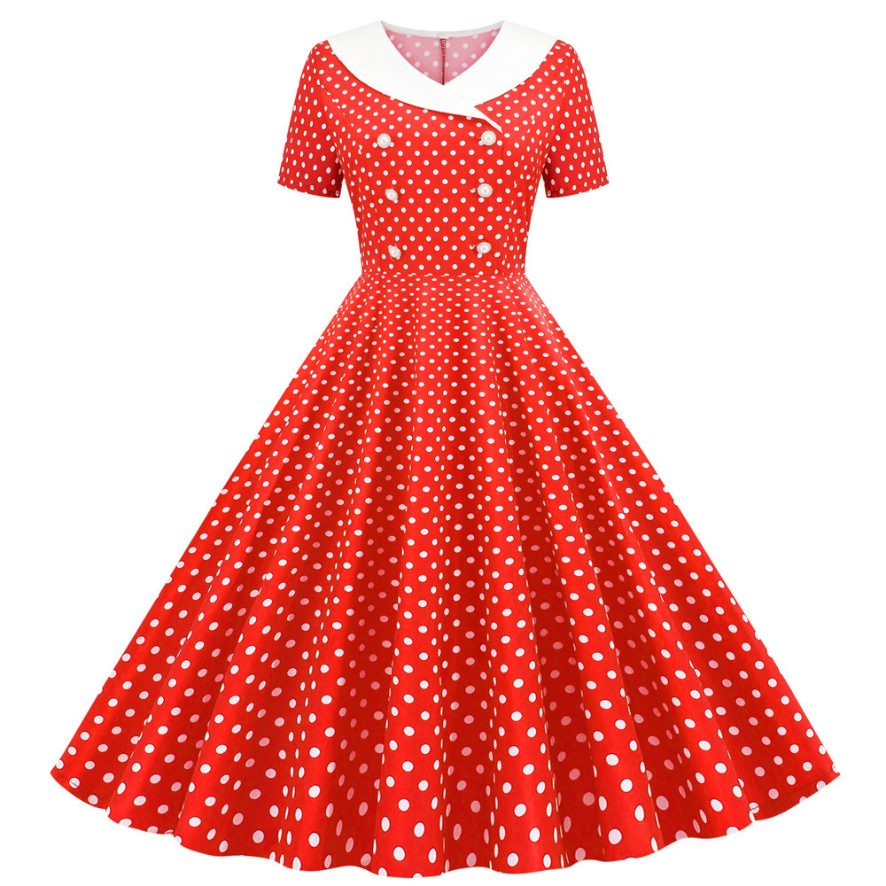 Blue Polka Dot Printed Vintage Dress Women 2022 Summer Retro 50s 60s Swing Pin Up Rockabilly Party Dress Robe Vestidos alx