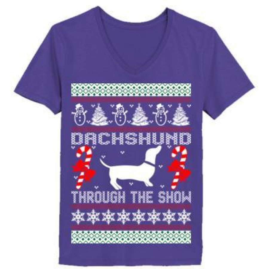 AGR Dachshund Through The Snow Ugly Christmas Sweater – Ladies’ V-Neck T-Shirt