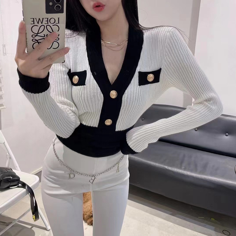 Sweet Slim Fit Knitted Cardigan Women Patchwork Sexy V-neck Golden Bottons Contrast Color Sweater Crop Tops Elegant French Style alx