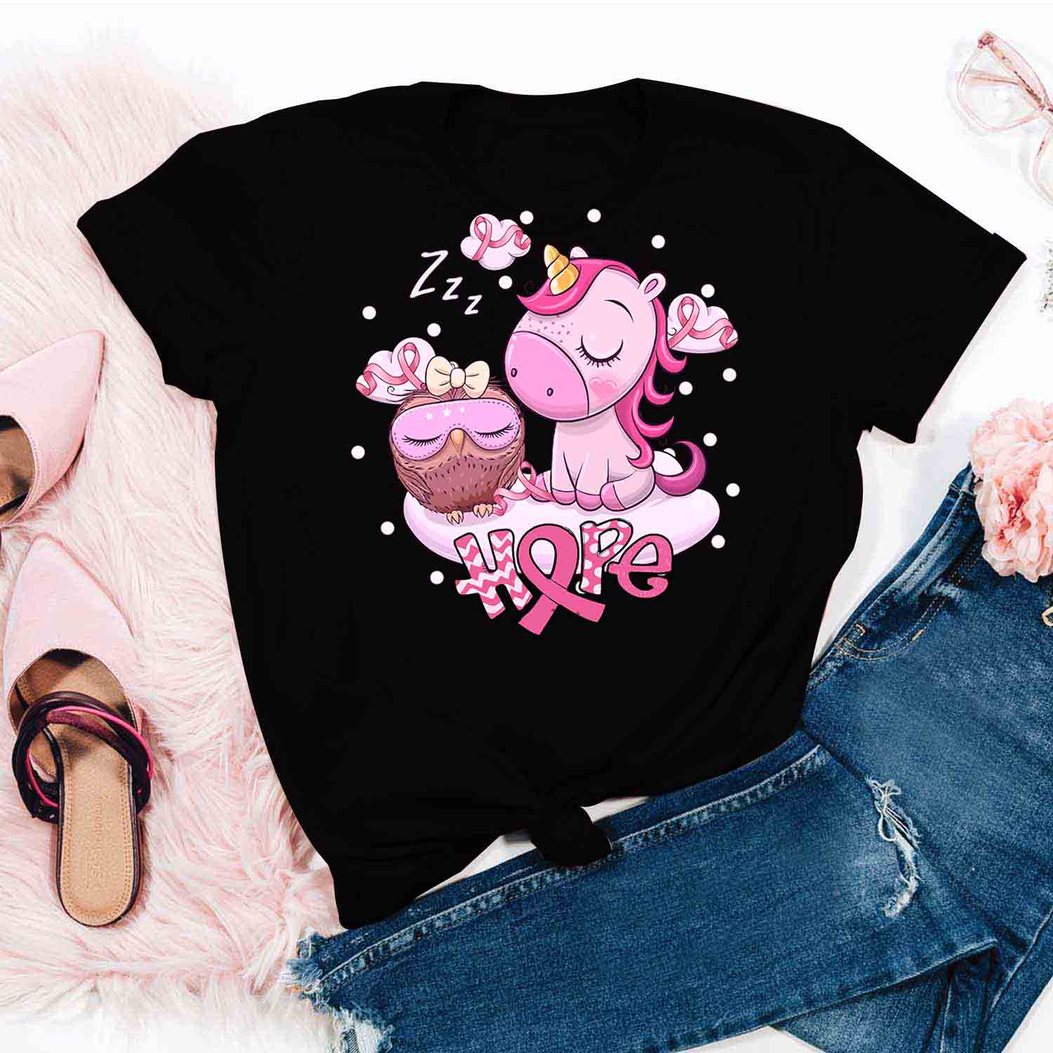 Cute Owl And Unicorn Sleeping On The Cloud Shirt – Breast Cancer Awareness T-Shirt Gifts For Mom Daughter Friends Hoodies Sweater Pink