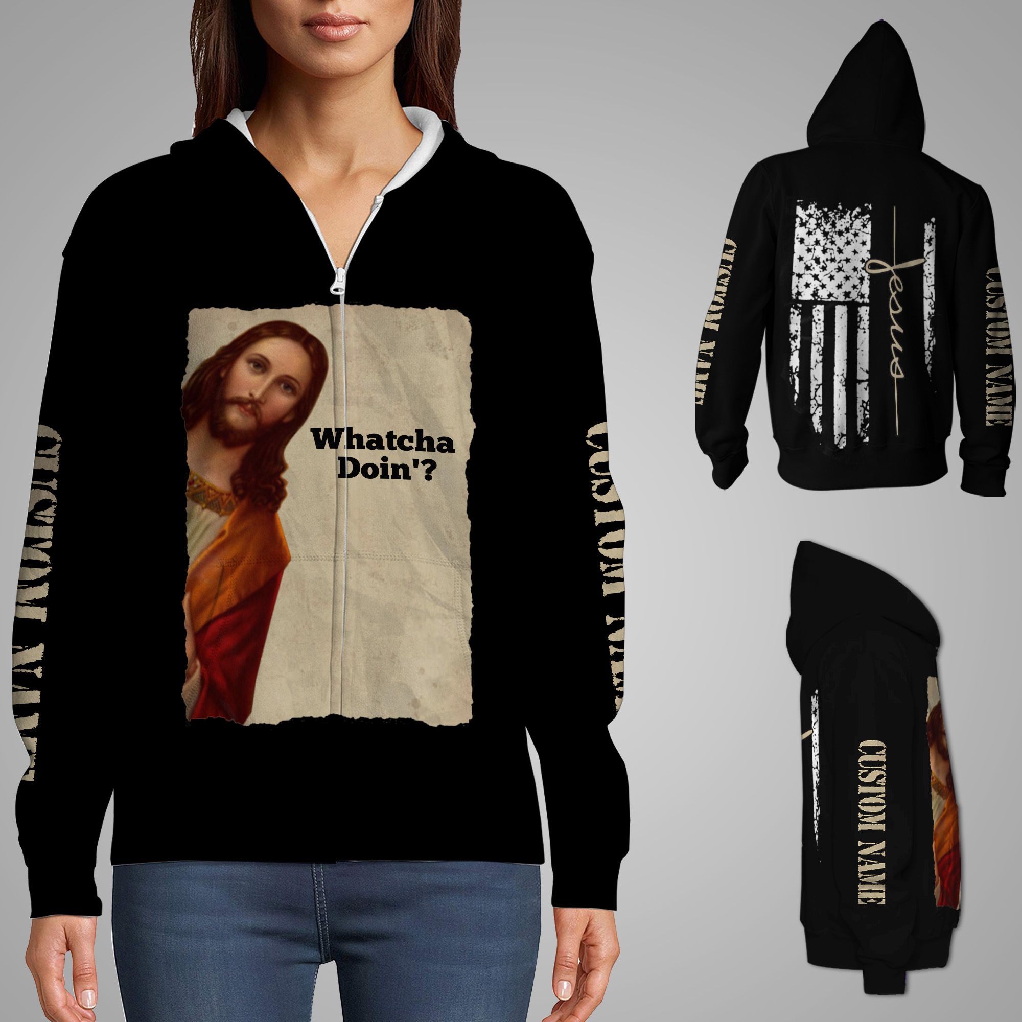 Whatcha Doin’? Jesus American Flag Vintage Retro Custom Name 3D Zip Hoodie Shirt For God Lovers