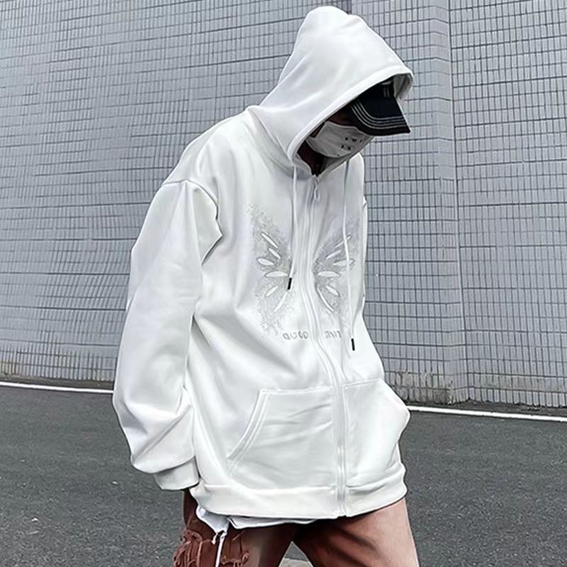 White Butterfly Hooded Cardigan Women Autumn Cotton Hoodie Student Campus Style Loose Comfortable Warm Couple Long Sleeved Top alx