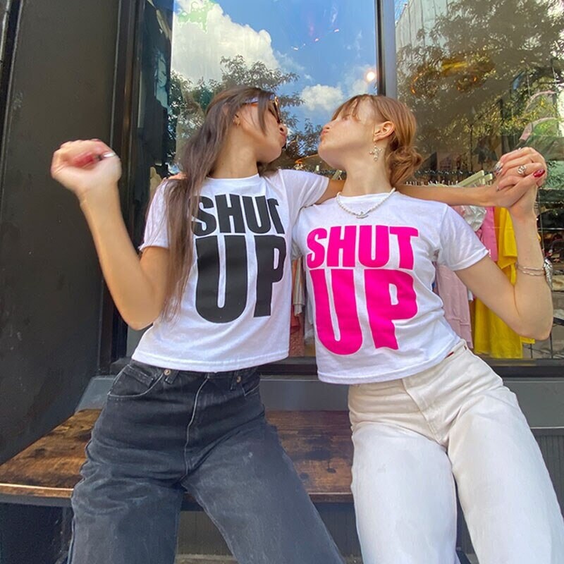 Shut Up Funny Slogan Crop Tee, Summer Y2K Fashion Letter Print Harajuku y2k Tee Sexy Baby Tee E-girl White Crop Top Slim Fit 00s Streetwear