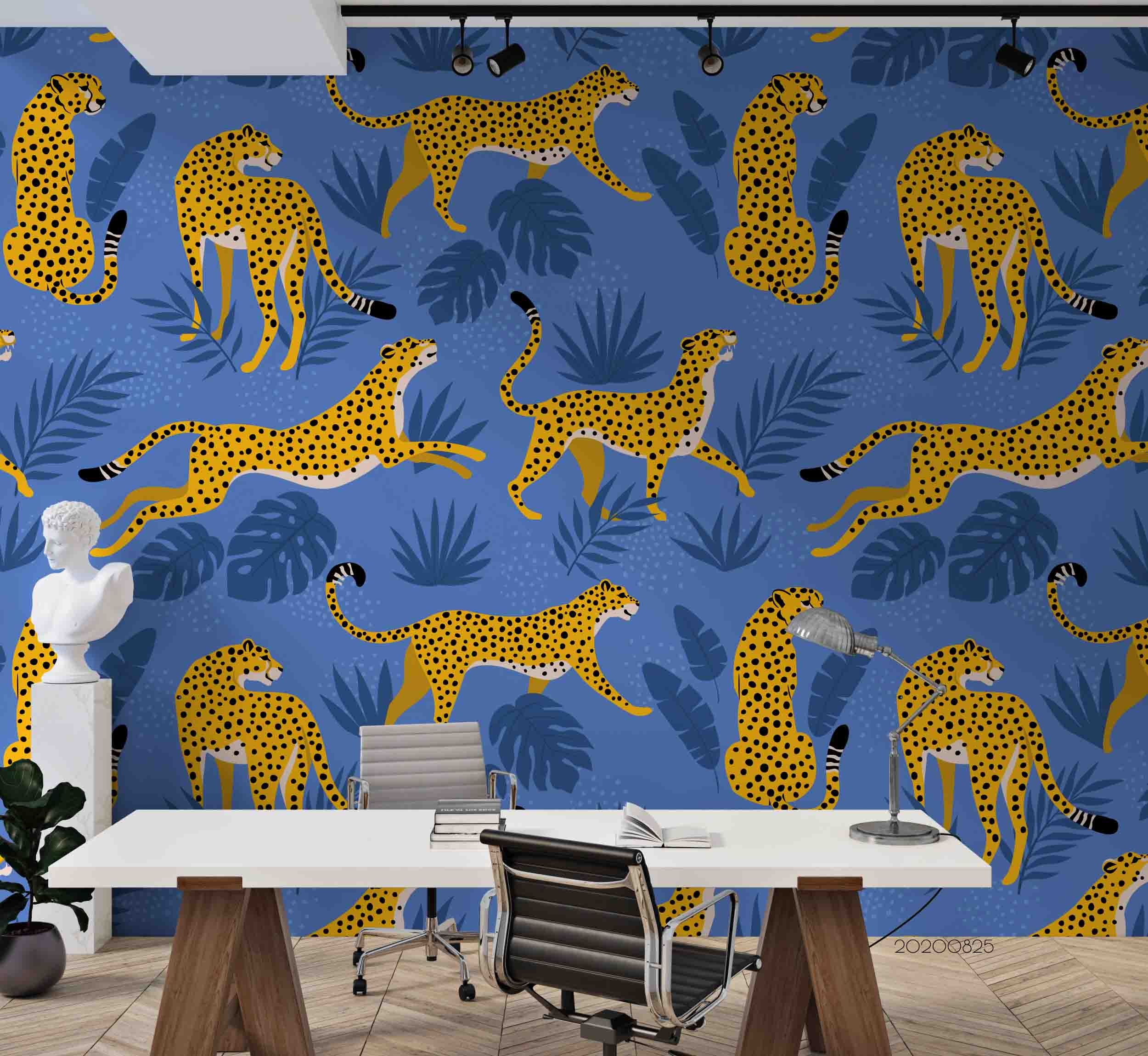 3D Animal Leopard Blue Leaves Wall Mural Wallpaper 26 Lqh