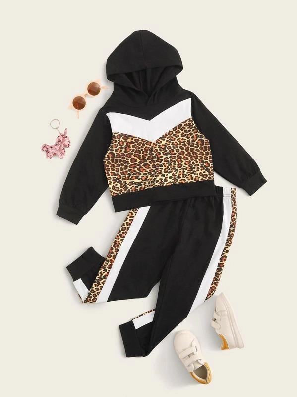 Toddler Girls Cut And Sew Leopard Hoodie With Sweatpants