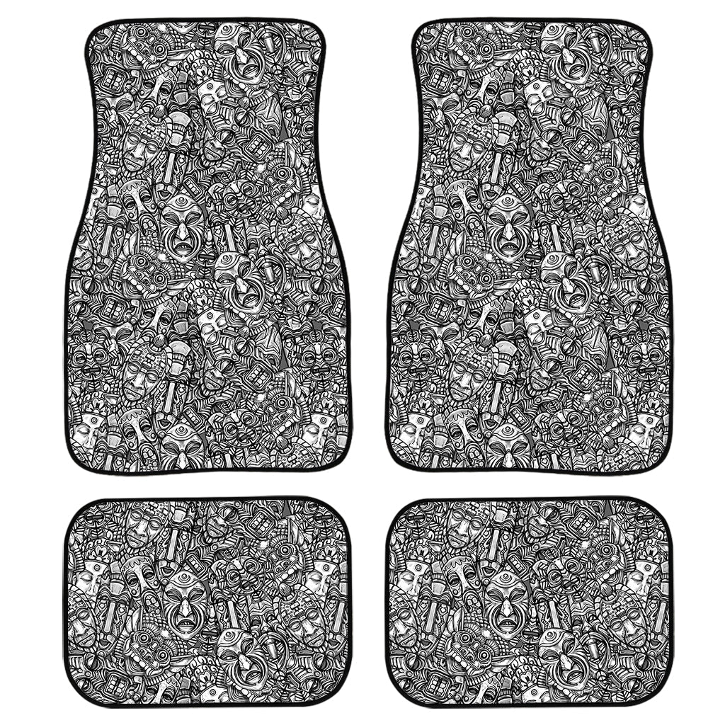 Grey And White Totem Pattern Print Front And Back Car Floor Mats, Front Car Mat