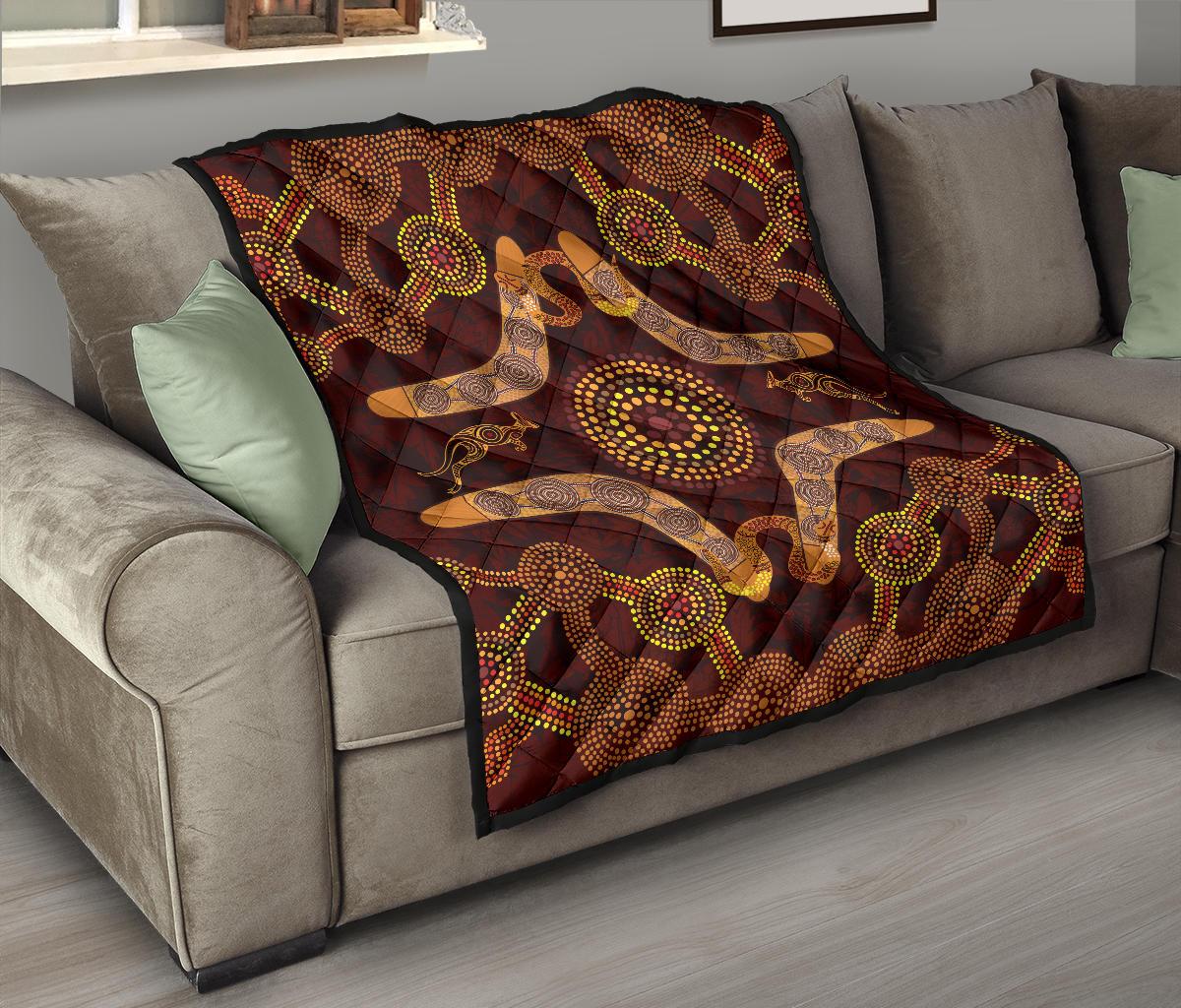 Aboriginal Premium Quilt – Kangaroo, Boomerang And Snake Dot Painting