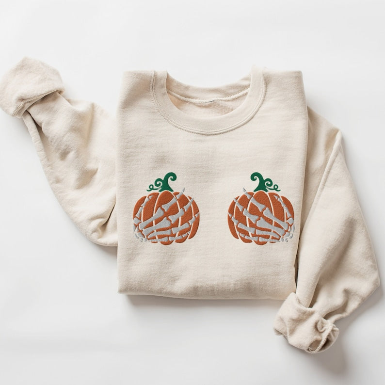 Skeleton Pumpkin Hands Halloween Embroidered Sweatshirt 2D Crewneck Sweatshirt All Over Print Sweatshirt For Women Sweatshirt For Men Sws3127