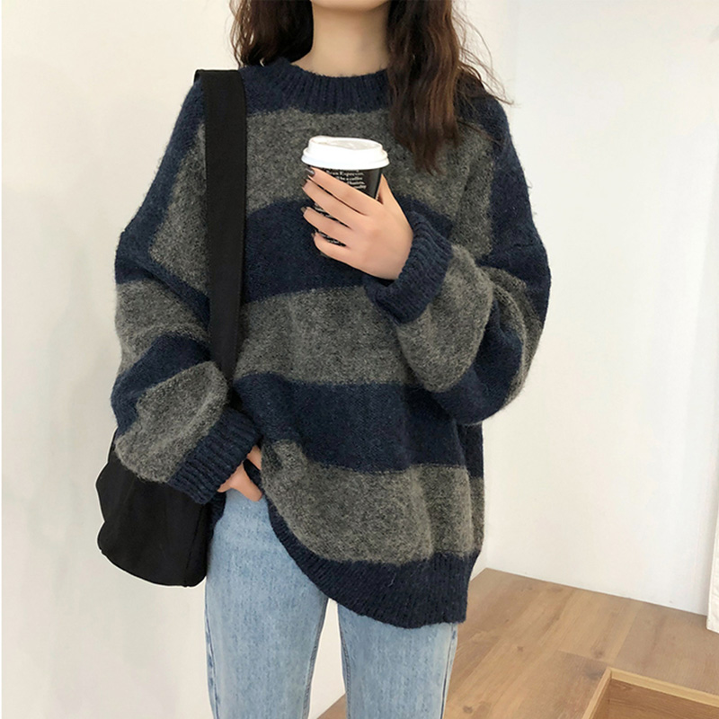 Women Knitted Striped Sweater Winter Casual Long Sleeve Pullover O-Neck Oversized Streetwear Sweater Warm Sueter Mujer alx