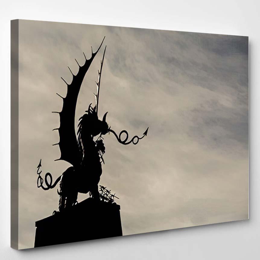 Welsh Dragon Statue Silhouette Against Wintry – Dragon Animals Canvas Print