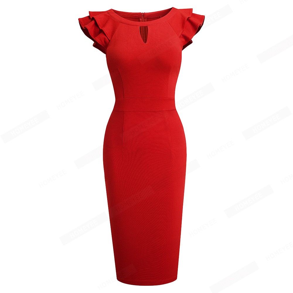 Women Business Elegant Pure Color Round Neck Hollow Ruffle Sleeve Lady Bodycon Office Pencil Dress EB648 alx