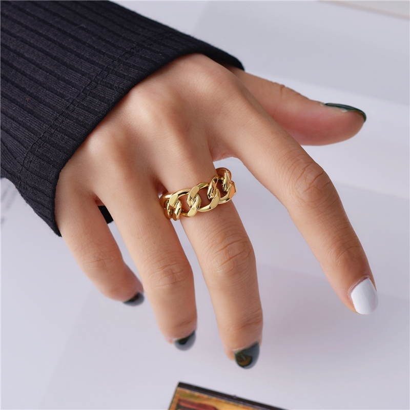 Vintage Cuban chain Link Rings For Women Gold Stainless Steel Ring Hip Hop Geometric Exaggeration Finger Jewelry Party Gifts alx