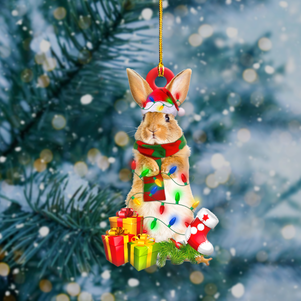 Rabbit Wearing Christmas Hat And Scarf With Gifts And Stocking Around Rabbit Shape Ornament