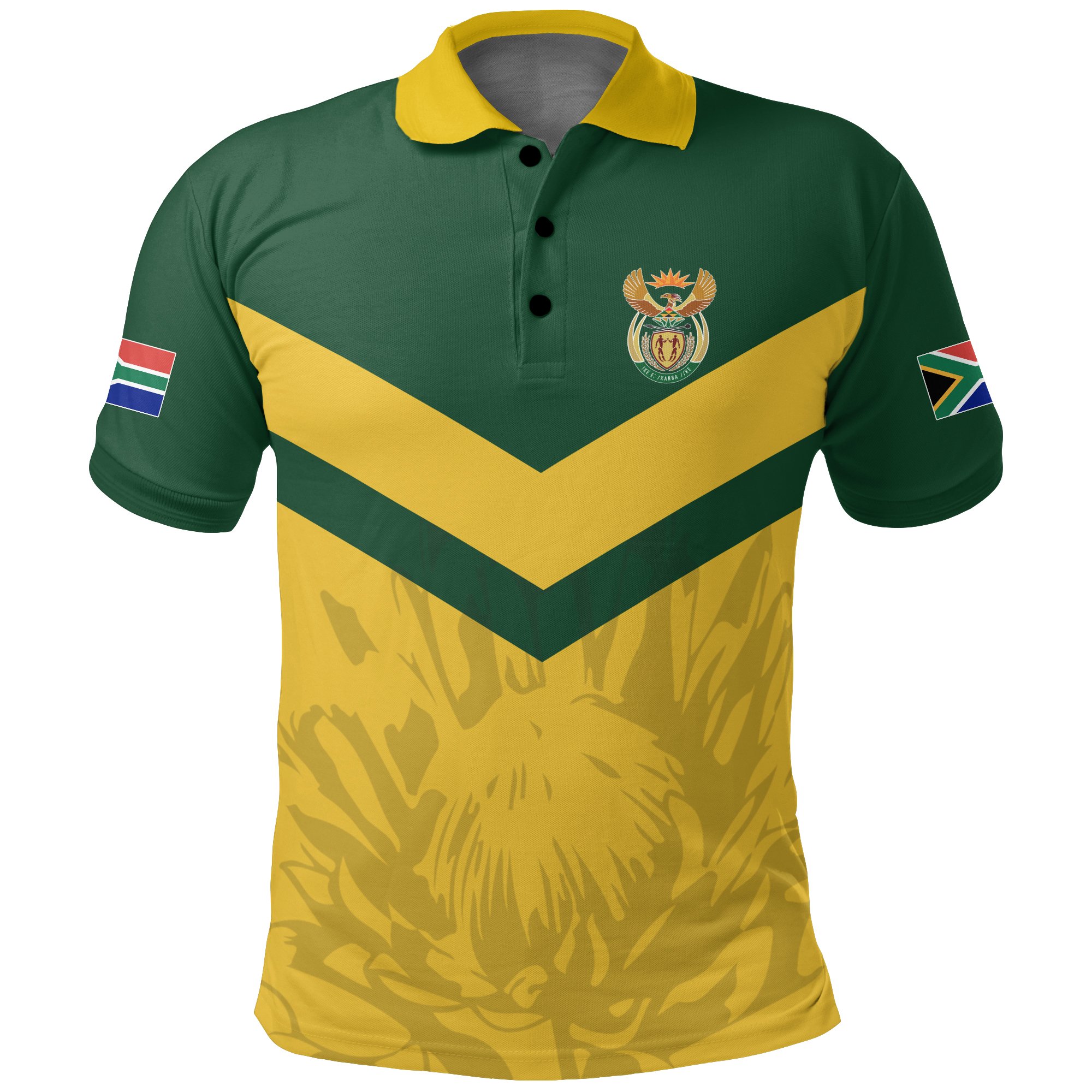 1stTheWorld South Africa Polo Shirt – South African Rising King Protea Yellow A10