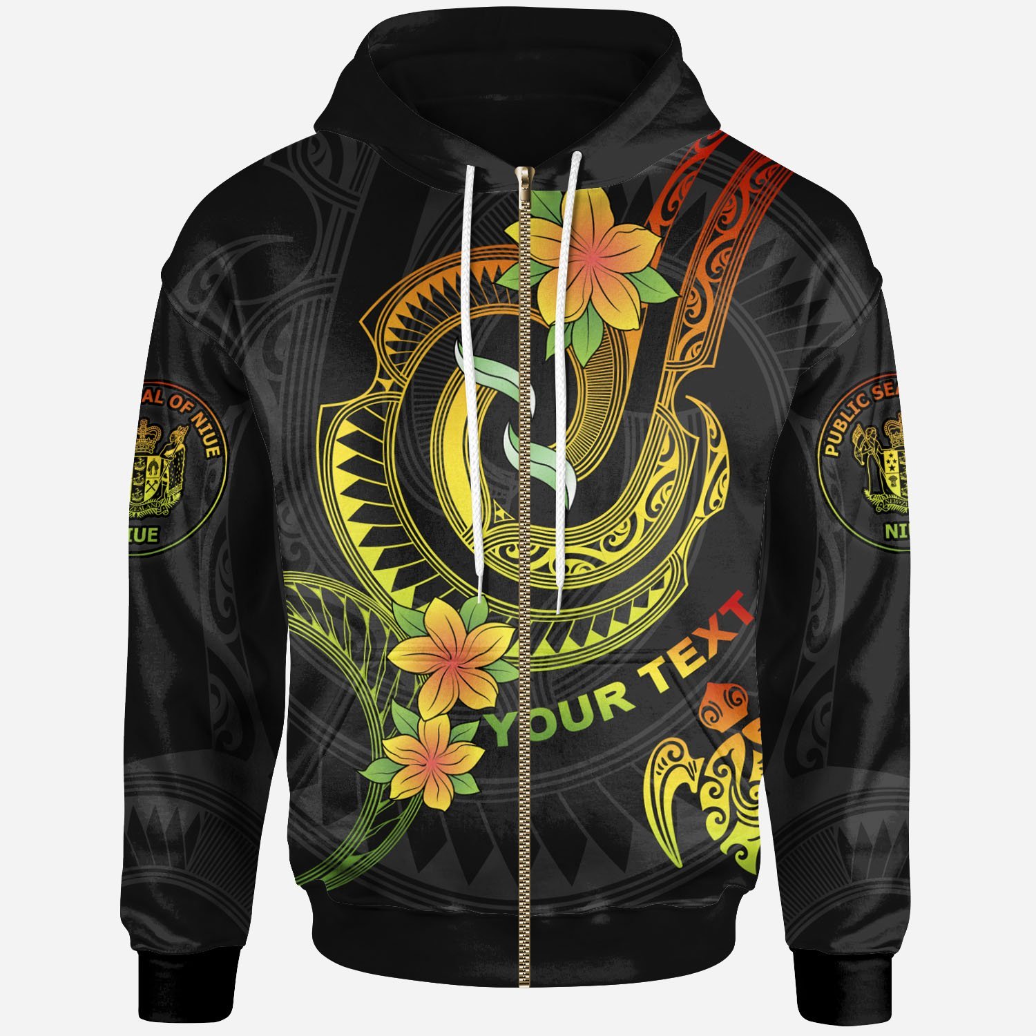 Niue Custom Personalised Zip-Up Hoodie – Reggae Plumeria Flowers with Spiral Patterns – BN26