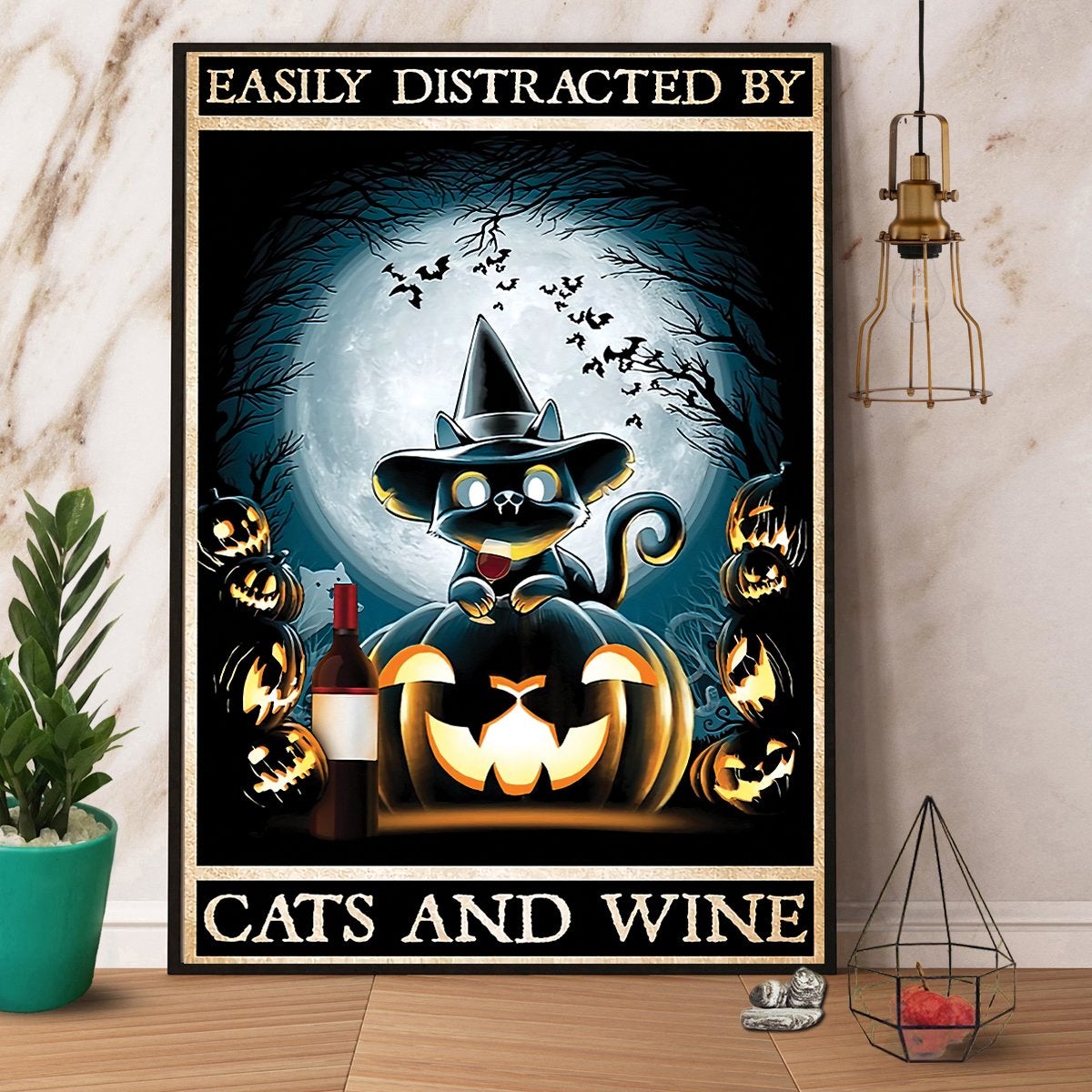 Easily Distracted By Cats And Wine Halloween Canvas And Poster, Canvas Prints, My Poster Wall, Canvas Wall Art, Wall Decor Visual Art, Halloween Gift, Happy Halloween