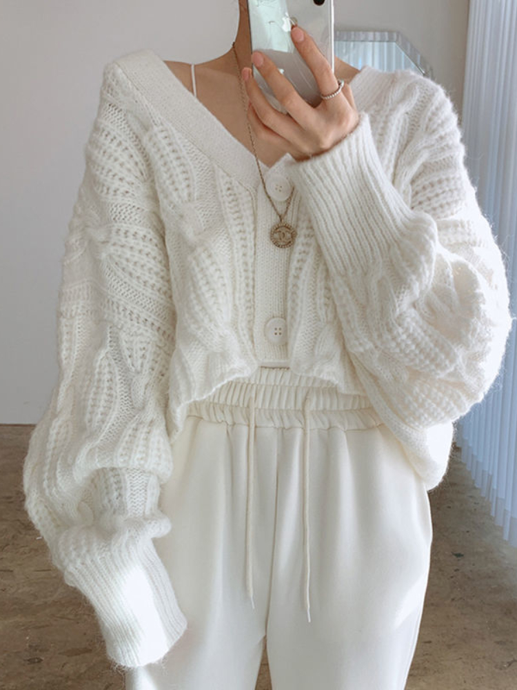 Chic White Casual Basic Cropped Oversize Sweater Cardigan Korean V Neck Office Lady Y2K Jumper Women Vintage Classic Button Tops alx