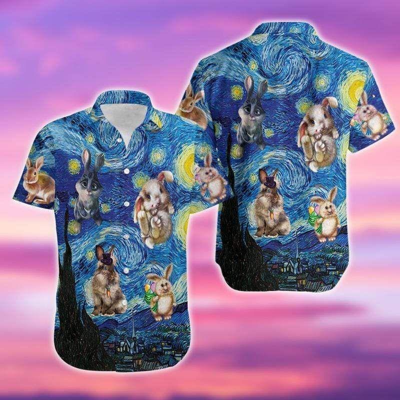 Beach Shirt Van Gogh Bunny Starry Night Easter Day Hawaiian Aloha Shirts