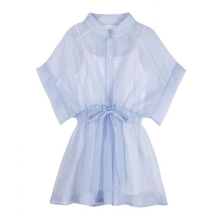 Summer Two-piece Set Mini Dress Women Korean Short Sleeve Stand Organza Belt Single-breasted T-shirt Dresses + Cotton Base Shirt alx