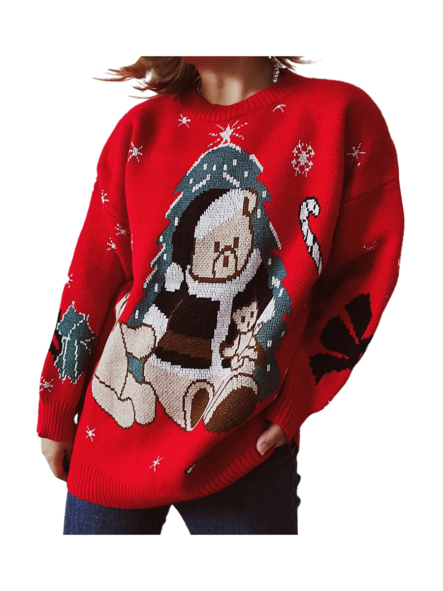 Women Knitted Sweater Casual Christmas Bear Print Long Sleeves Thickened Pullover Tops Streetwear alx