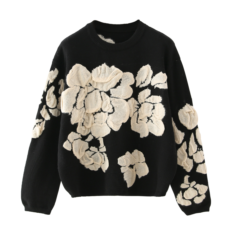 2021 Autumn Winter Floral Print Sweater Women Knitted Pullover Femme Sweaters High Quality Knitted Oversize black Sweater Jumper alx