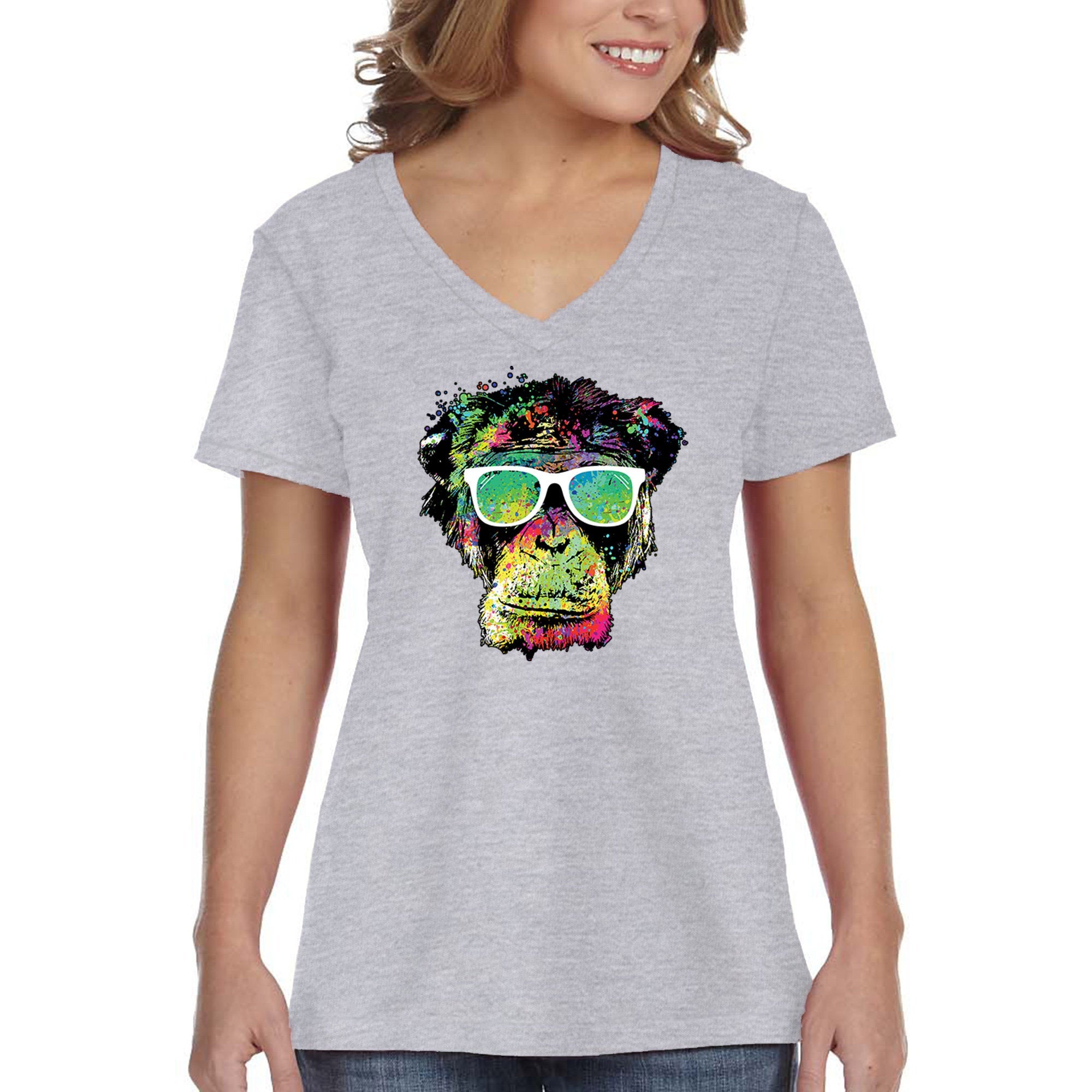 Xtrafly Apparel Women’S Neon Monkey Glasses Ape Chimp Chimpanzee Gorilla Primate Tie Dye Wild Animal Jungle Zoo African Lemur V-Neck T-Shirt