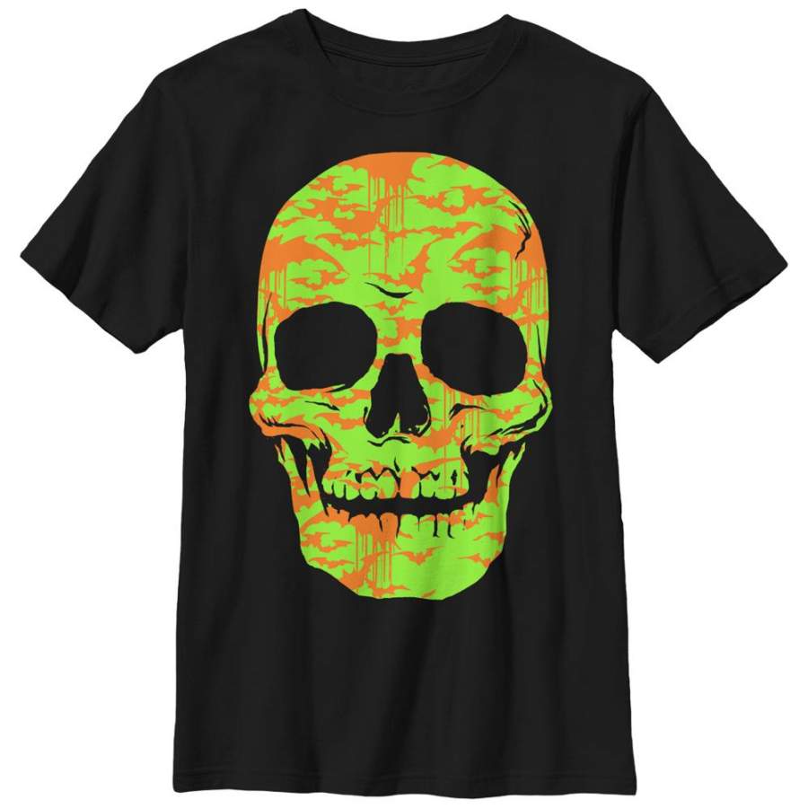 Lost Gods Boy’s Halloween Skull Bats in Flight Face  T Shirt Black