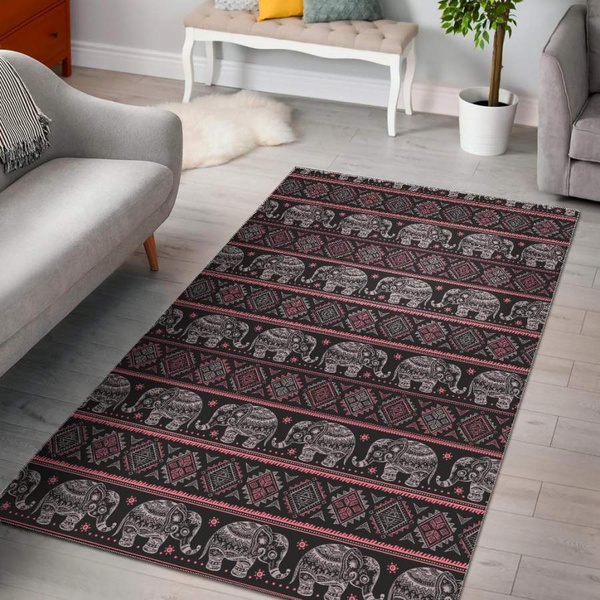 Red Elephant Aztec Pattern Print Area Rug