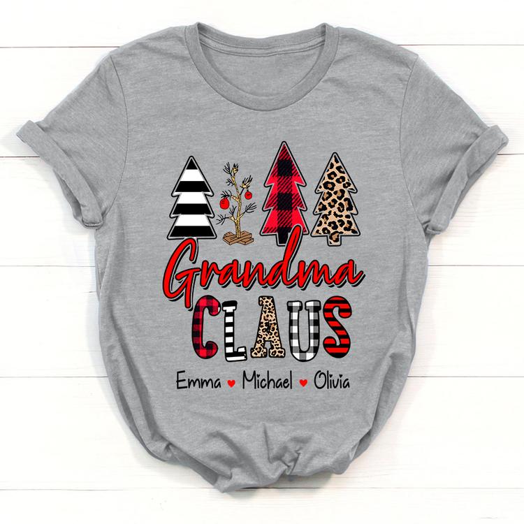 Personalized T-Shirt Grandma Claus Print Christmas Tree Plaid Leopard Stripe Design Custom Grandkids Name