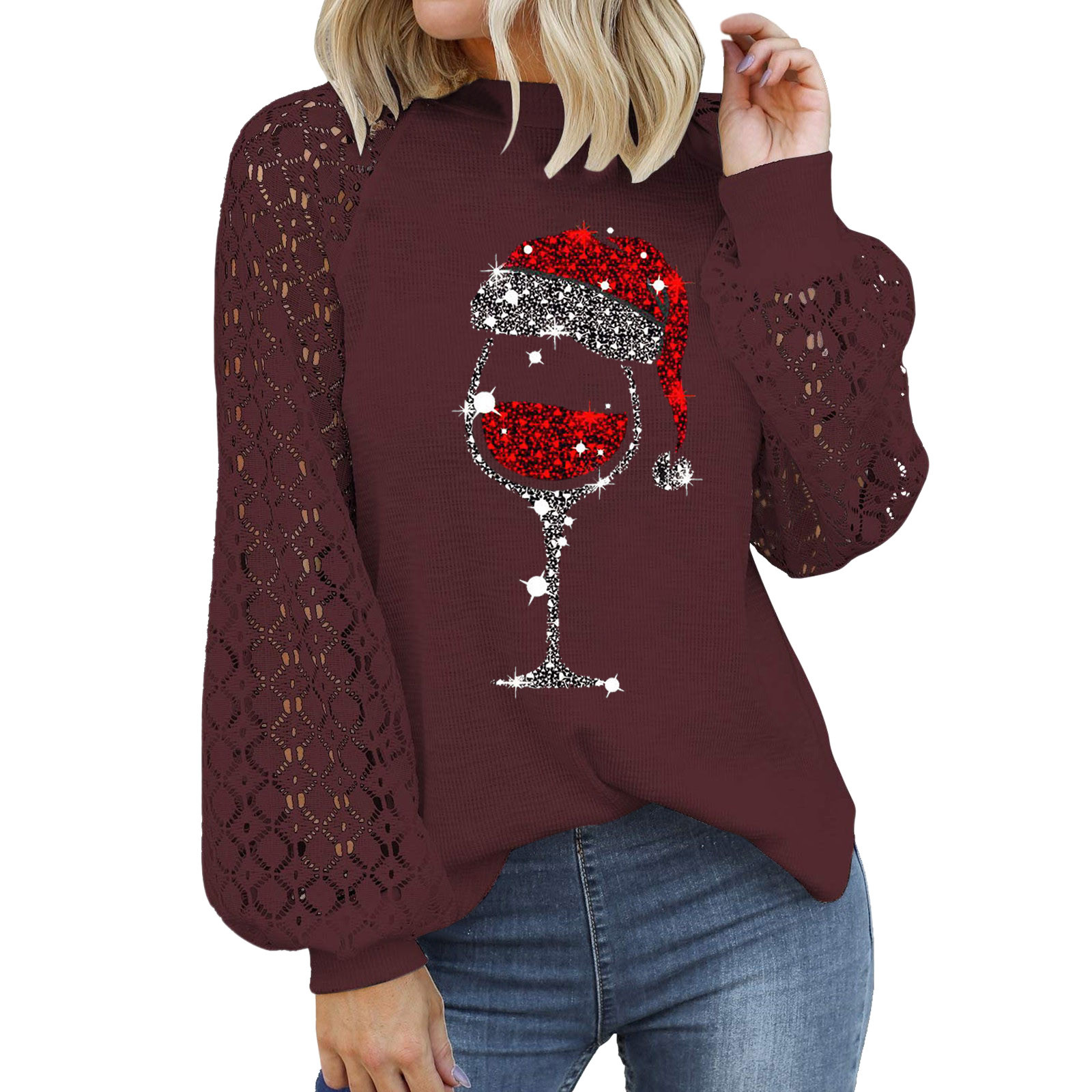 Women Wine Glass Christmas Hats Black Long Sleeve T Shirt Xmas Casual Lace Crochet Top T-shirt Harajuku Fashion New Year T-shirt alx