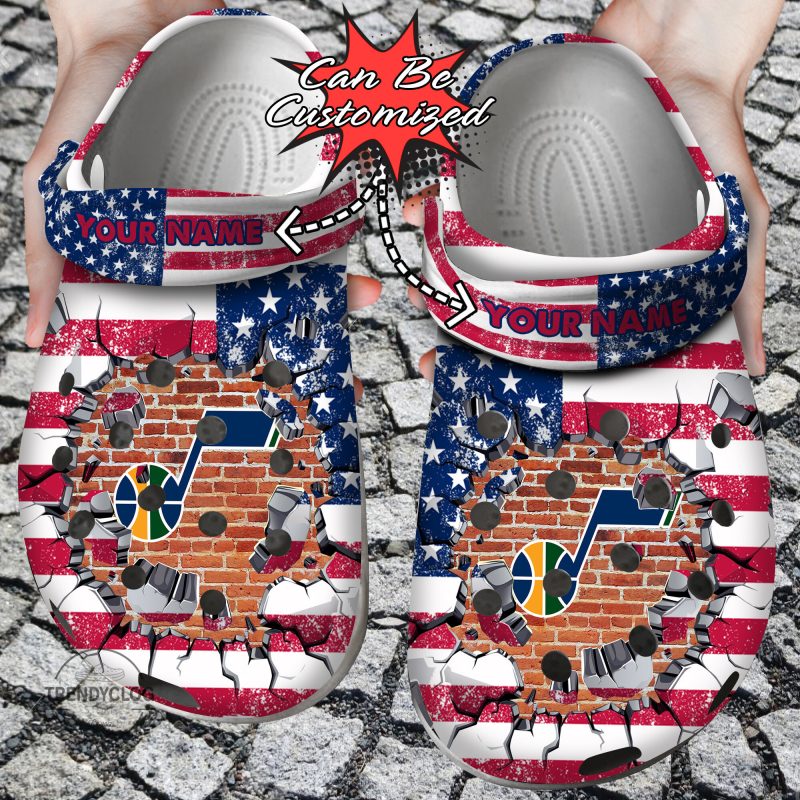 Basketball Personalized UJazz American Flag Breaking Wall Clog Shoes