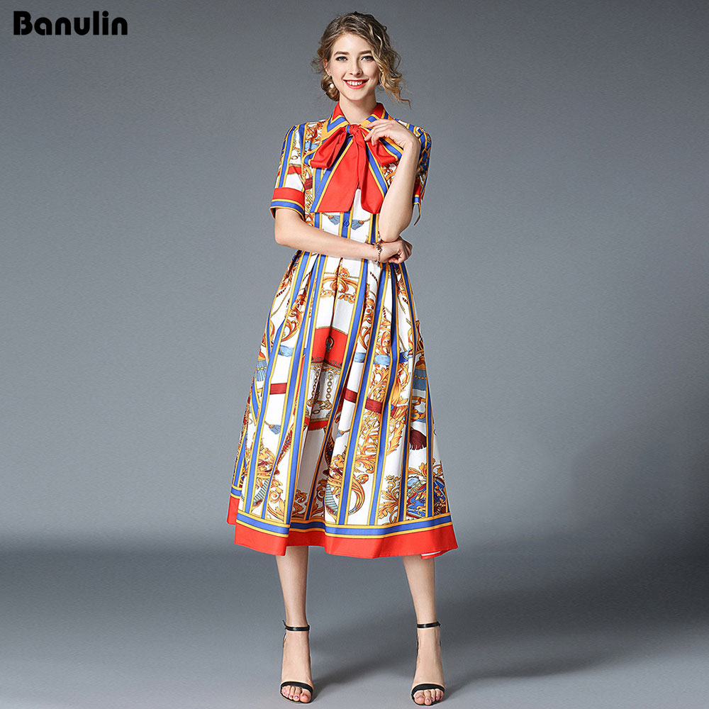 Banulin HIGH QUALITY 2020Newest Runway Designer Summer Dress Women’s Short Sleeve Shirt Collar Stripe Printed Bow Midi Dress alx