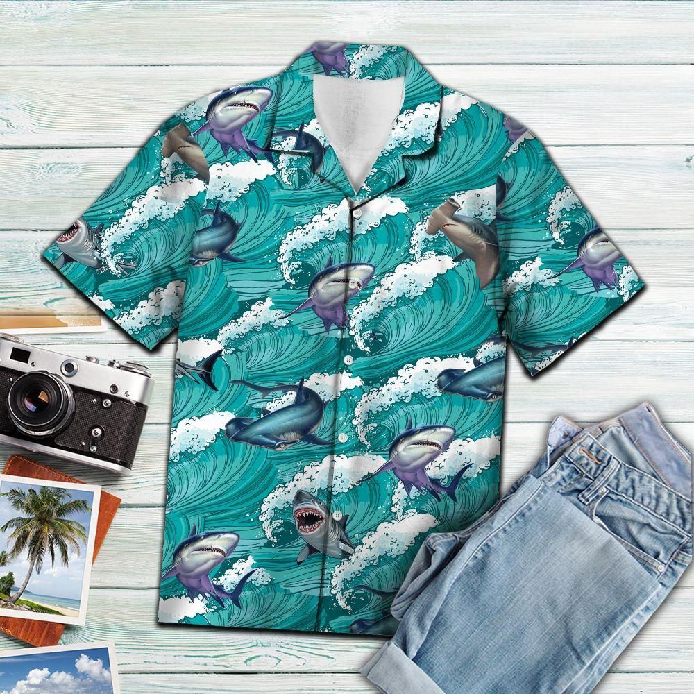 Shark Sea Waves Aloha Hawaiian Shirt Colorful Short Sleeve Summer Beach Casual Shirt For Men And Women