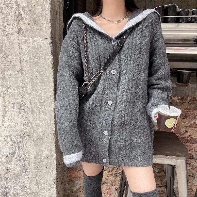 Cardigan Women Sailor Collar Casual Loose-fitting Sweater Retro All-match New Gray Outerwear Tender Fall Clothing Feminino Knit alx