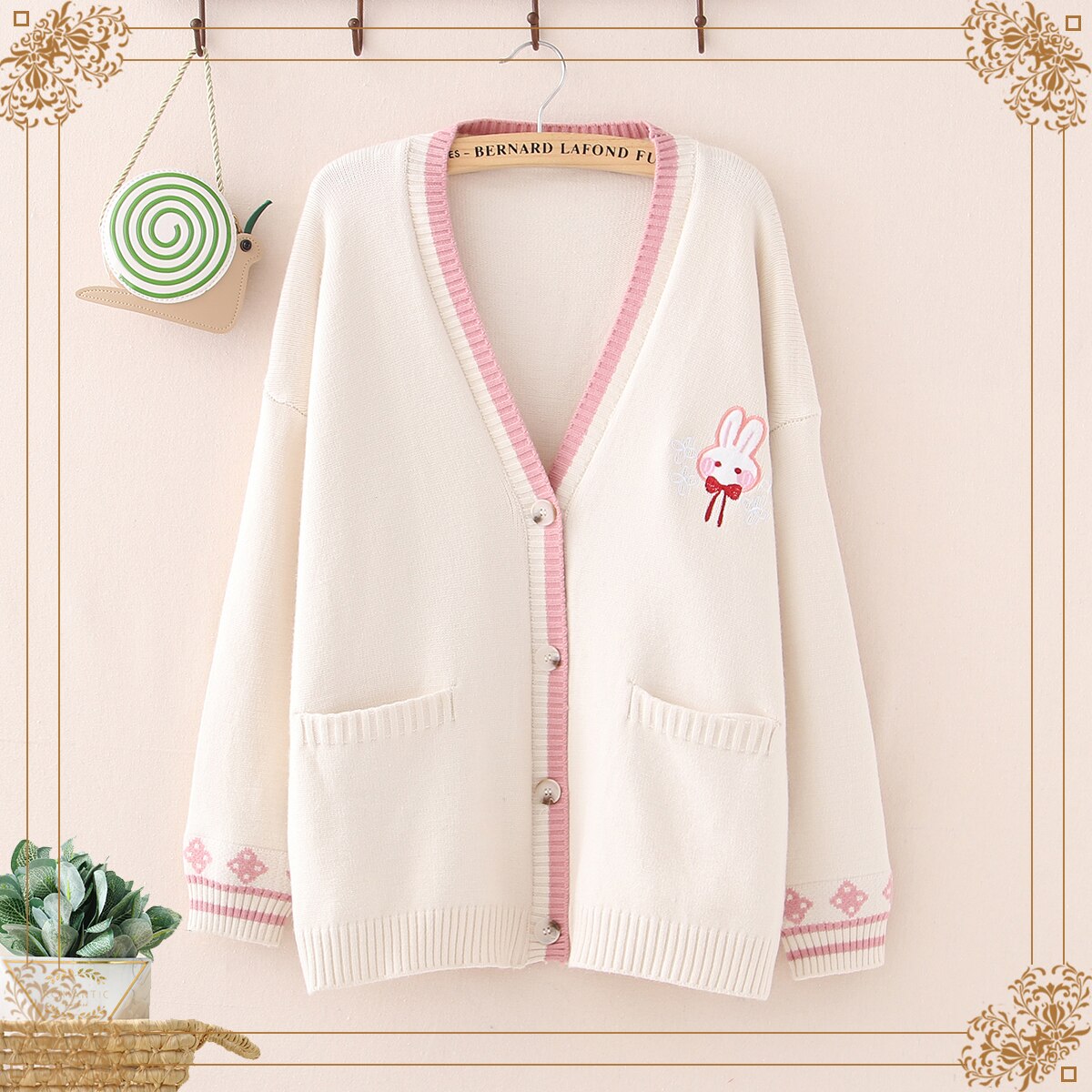 Long Sleeve Cardigan With Cute Bunny Embroidery Knitted Sweater