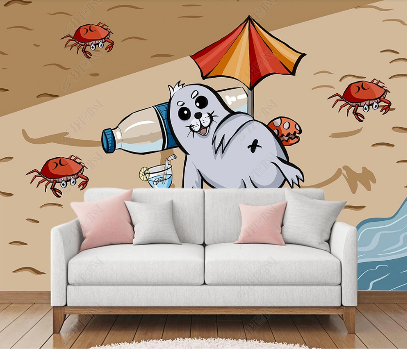 3D Cartoon Animal Seal Beach Crab Wall Mural Wallpaper Lqh 75