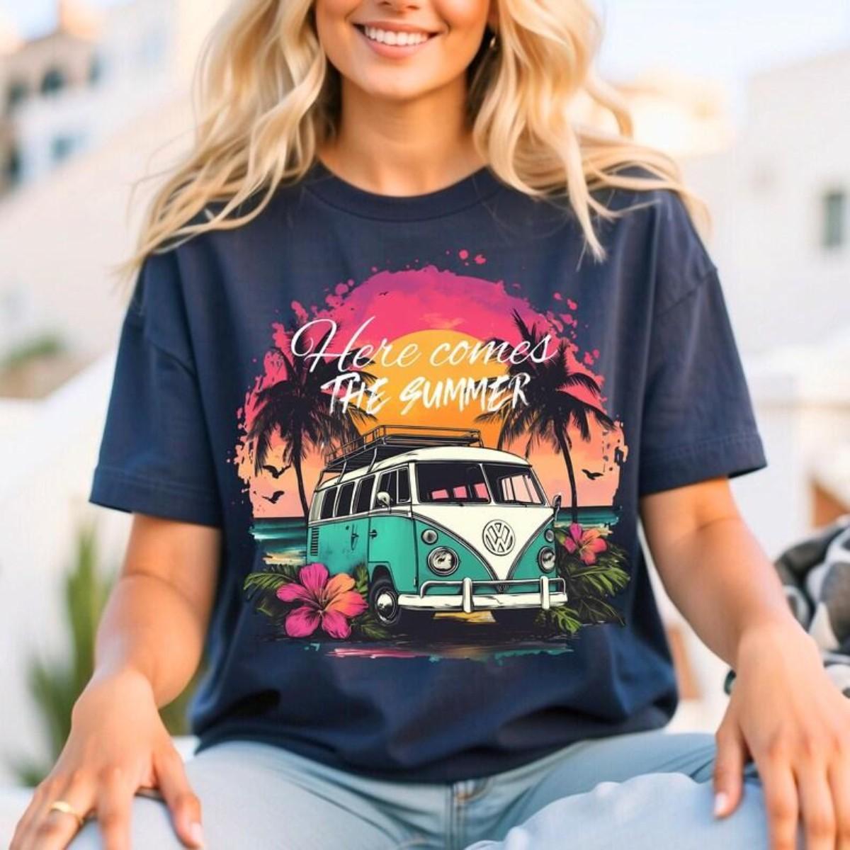 Here Comes The Summer Shirt, Retro Van Beach Sublimation Design, Vintage Tropical Vibes , Sunset Travel Shirt , Funny Summer Shirt