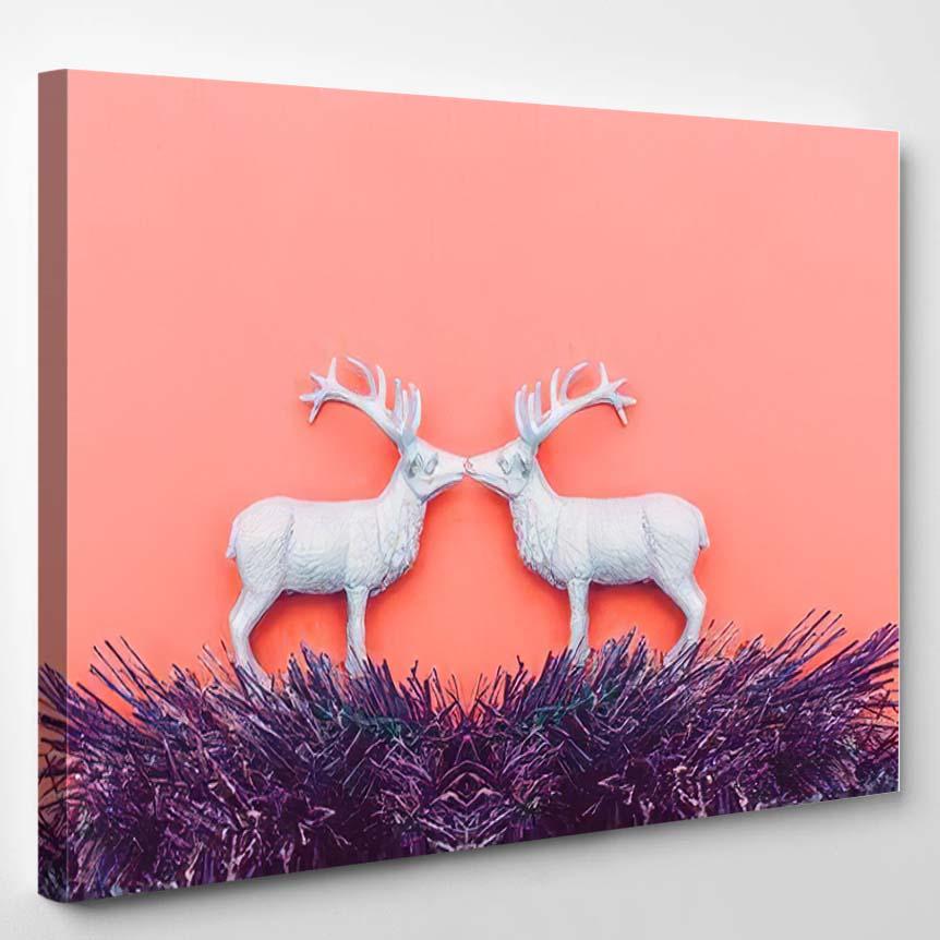 Two White Deers Kiss Christmas Style – Deer Animals Canvas Print