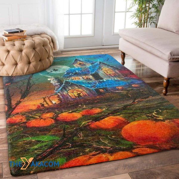 Ghost House With Pumpkin Happy Halloween Rectangle Area Rug Floor Decor