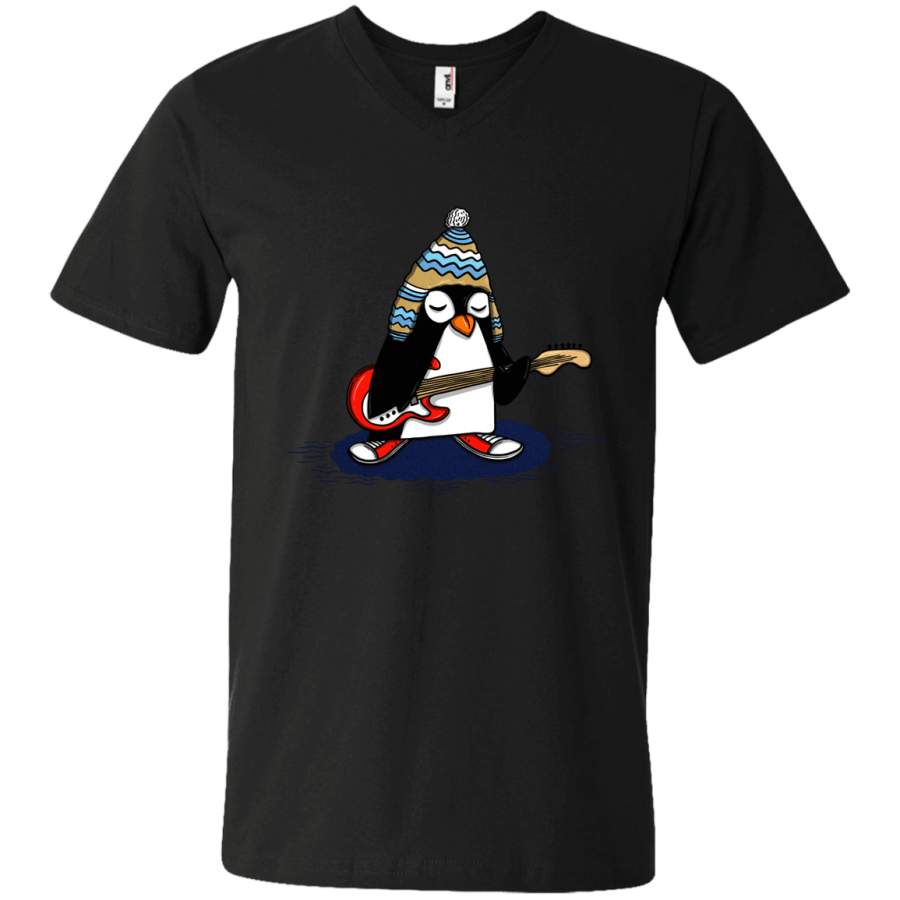 Penguin Playing Guitar – Mens – V-Neck – Small to 3XL