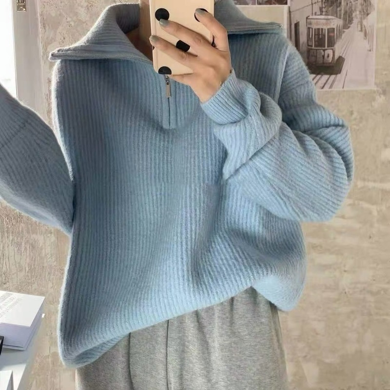 Women Oversize Zipper Knitted Pullover Sweaters Solid Loose Ladies Sweaters Autumn Winter Women’s Turtleneck Outerwear Jacket alx