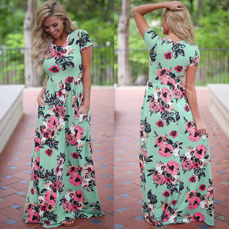 Summer Maxi Dress Women 2019 Pink Floral Print Boho Beach Dress Ladies Evening Party Long Dress Sundress Vestidos de festa 3XL alx