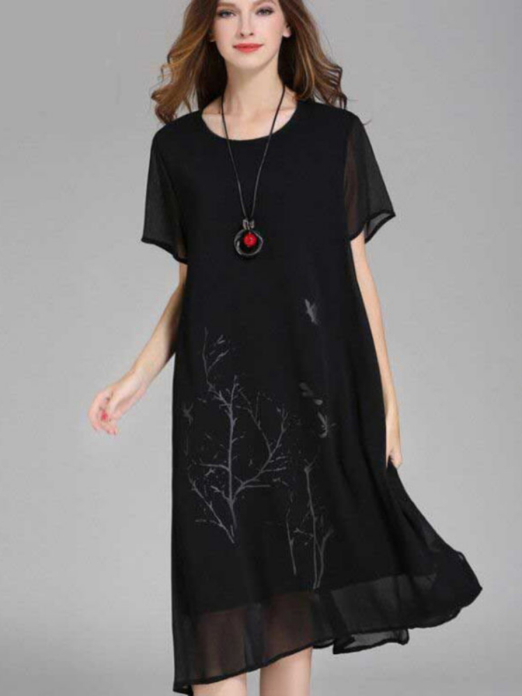 2022 New Summer Middle Aaged Women Flower Print Chiffon Causal Midi Dress Female Mother 4xl Dresses Vestitos W147 alx