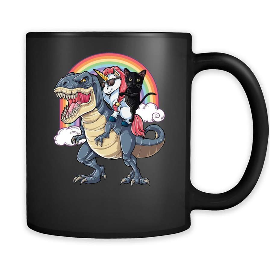 Unicorn and Black Cat Riding Dinosaur Rainbow – Full-Wrap Coffee Black Mug