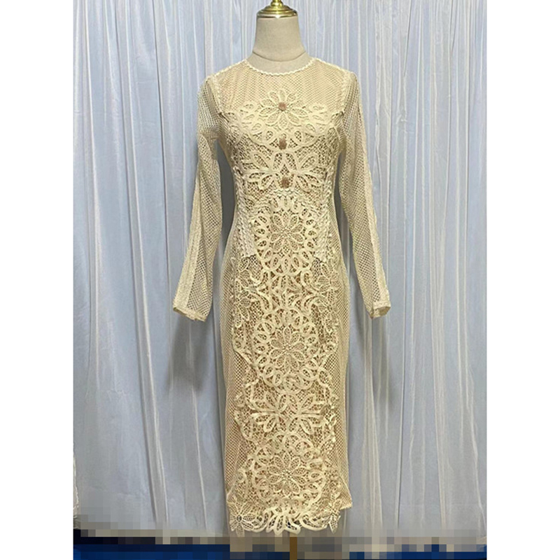 2022 Autumn New Designer O-Neck Lace Hollow Flower Long-Sleeved Dress Temperament Elegant Apricot Mid-Length Women Dresses alx