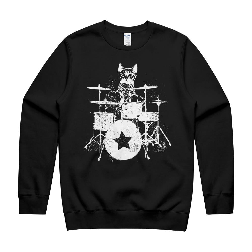 Punk Rockstar Kitten Kitty Cat Drummer Playing Drums Graphic T-Shirt Crewneck Sweatshirt