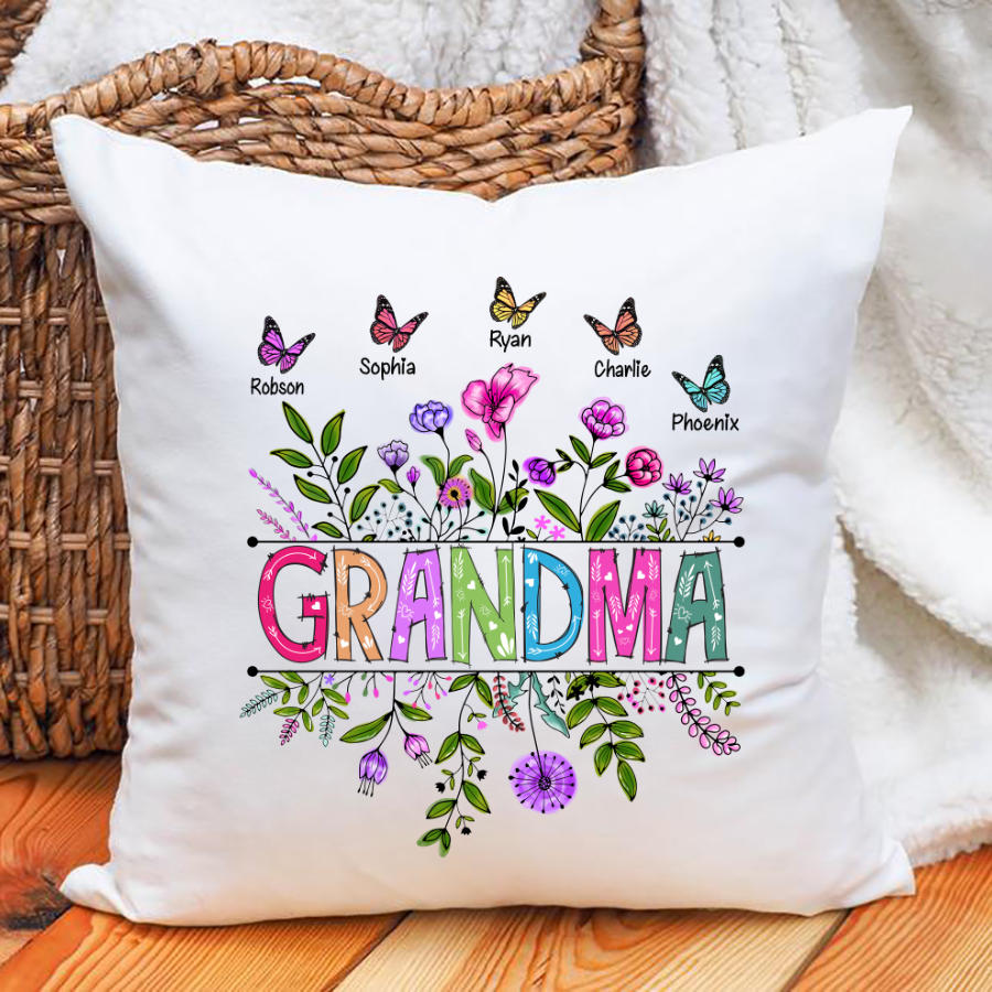 Personalized Wildflowers Grandma And Grandkids Butterfly Indoor Pillow