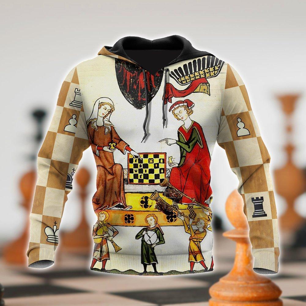 3D All Over Printed  MEDIEVAL CHESS PLAYERS IN COURT WITH RED WILD ROSES Chess Lovers- Chess Unisex Shirts  TR19022101 XT