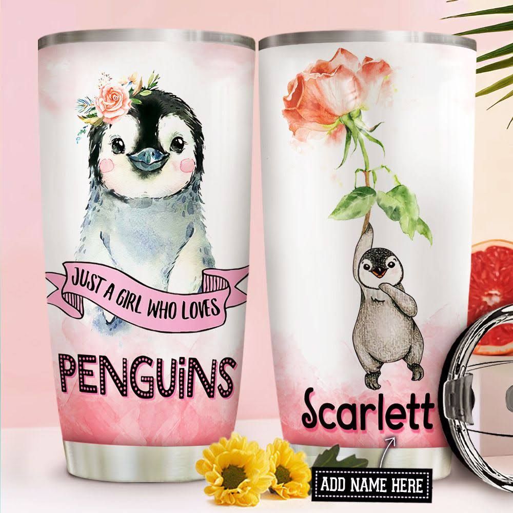 Personalized Penguin Tumbler Cup, Light Pink Stainless Steel Insulated Tumbler,20 Oz, Just A Girl Love Penguin, Lovely Penguin Rose, Perfect Gifts For Penguin Lovers, Gifts For Birthday Christmas