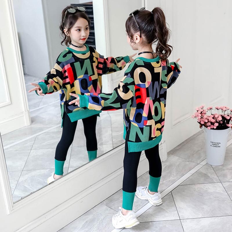 2022 New Kids Clothes Suit Girls Autumn Clothing Fashion Casual Big Children’S Letter Sweater+ Leggings Two-Piece Set alx